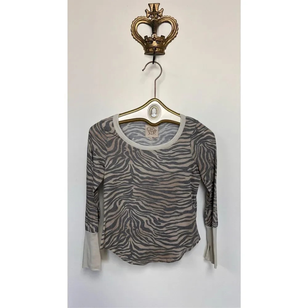 Chaser Womens Gray Tan Zebra Print Stretch Long Sleeve Scoop‎ Neck Top Size XS
